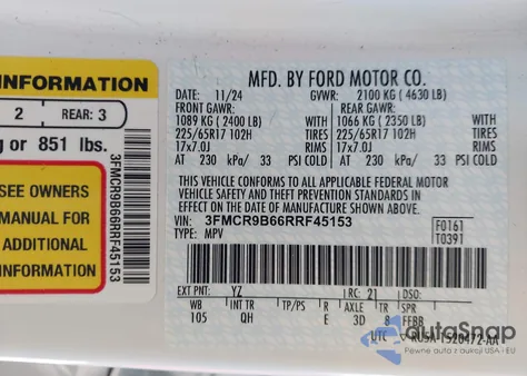 2024 Ford Bronco Sport Big Bend z USA, uszkodzony, nr VIN 3FMCR9B66RRF45153